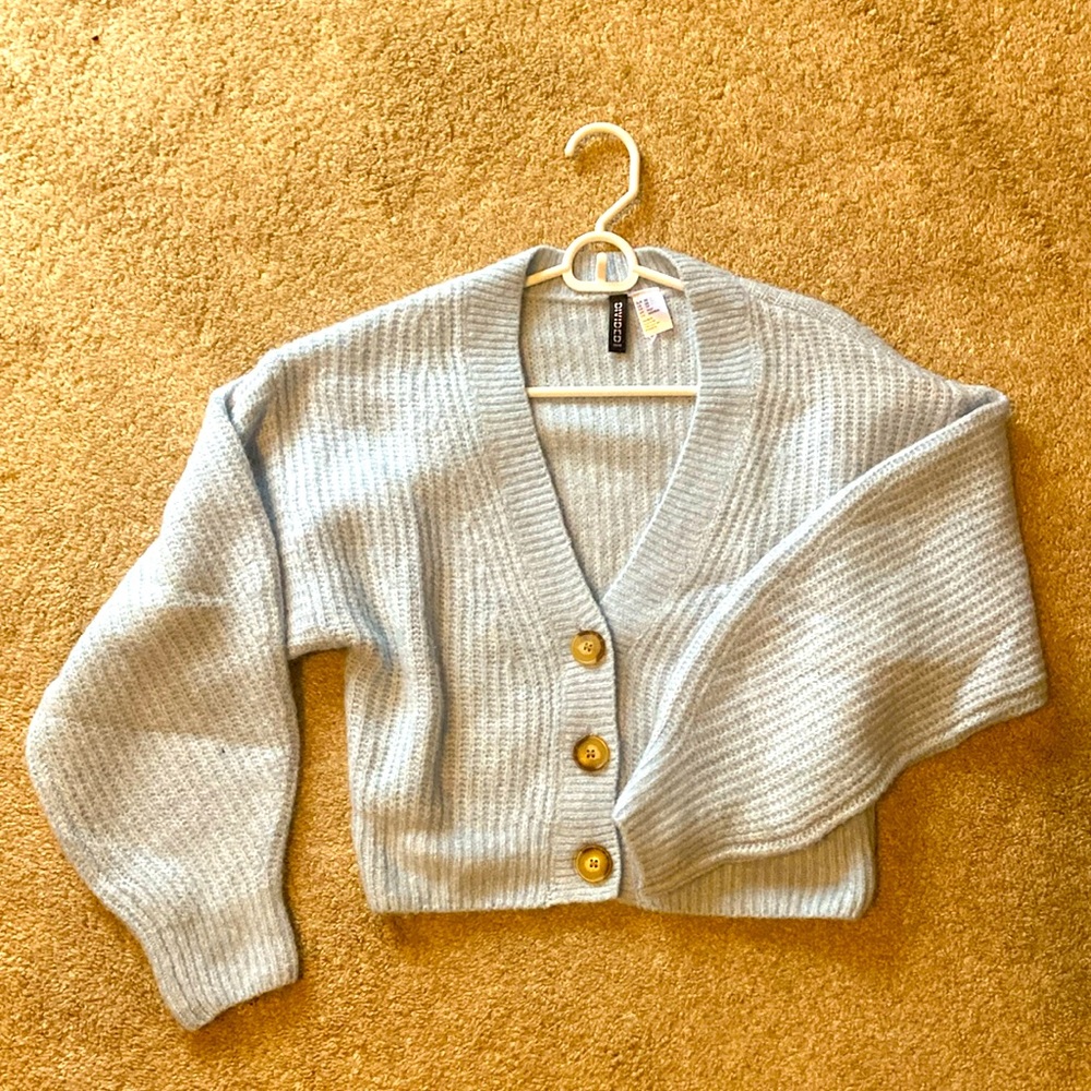 Light blue cropped button front sweater.